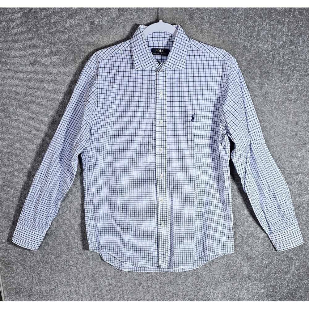 POLO Ralph Lauren Button Up Shirt Mens Size Medium White Blue Pony Preppy Office
